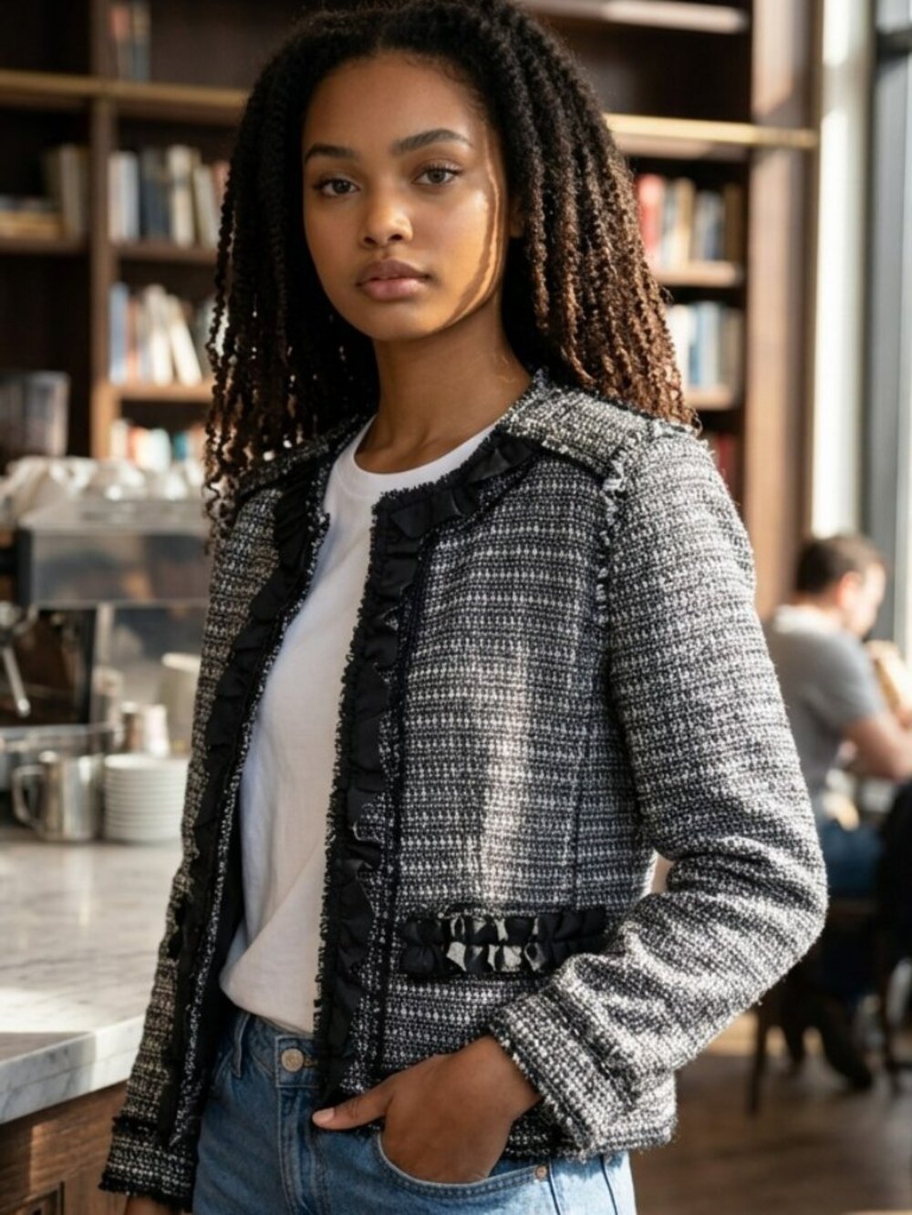 Apostrophe Cropped Tweed Ribbon Embellished Blazer Jacket 2